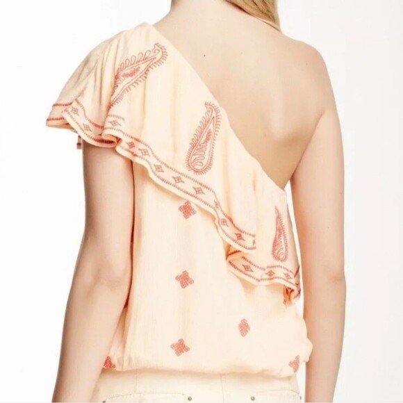 Free People Easy On The Eyes One Shoulder Embroidered Rayon Blouse Sz XS - Picture 4 of 11